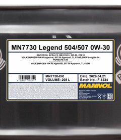 MANNOL 7730 Legend 504/507 0W-30MANNOL 7730 Legend 504/507 0W-30-drum-detail